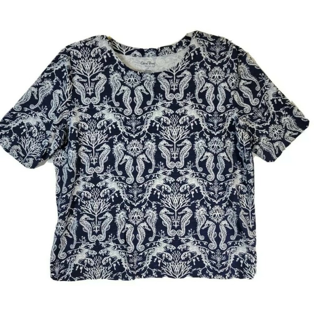 Coral Bay Women's Casual Short Sleeve Top Blouse Size 1X Sea Horse Print BLUE